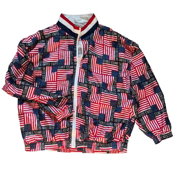 Vintage USA Flag Print Jacket By Solare Sporta M 100% Nylon Shell & Polyester Li - Picture 1 of 7